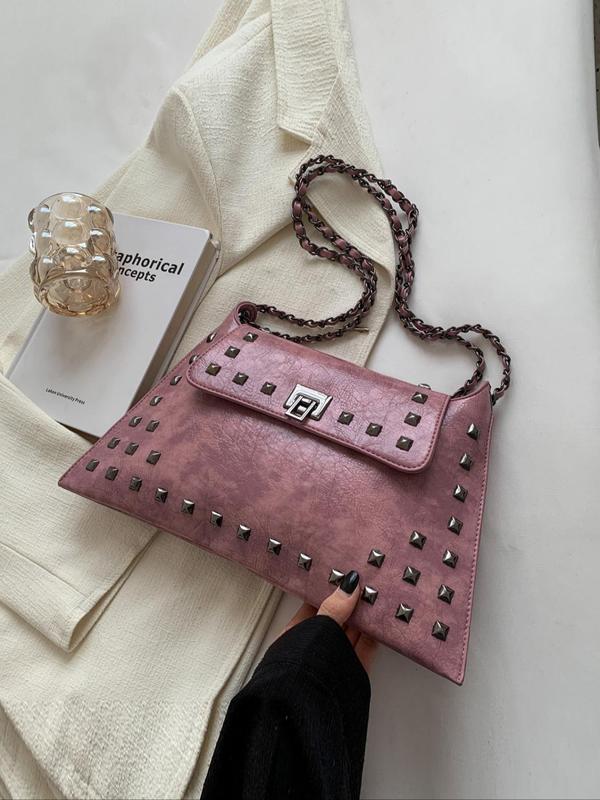 Women's Fashion Buckle Rivet Decorated Shoulder Bag,  Elegant Solid Color Crossbody Bag for Daily Use, Daily Commuting Bag, Girl Fashionable Shopping Bag