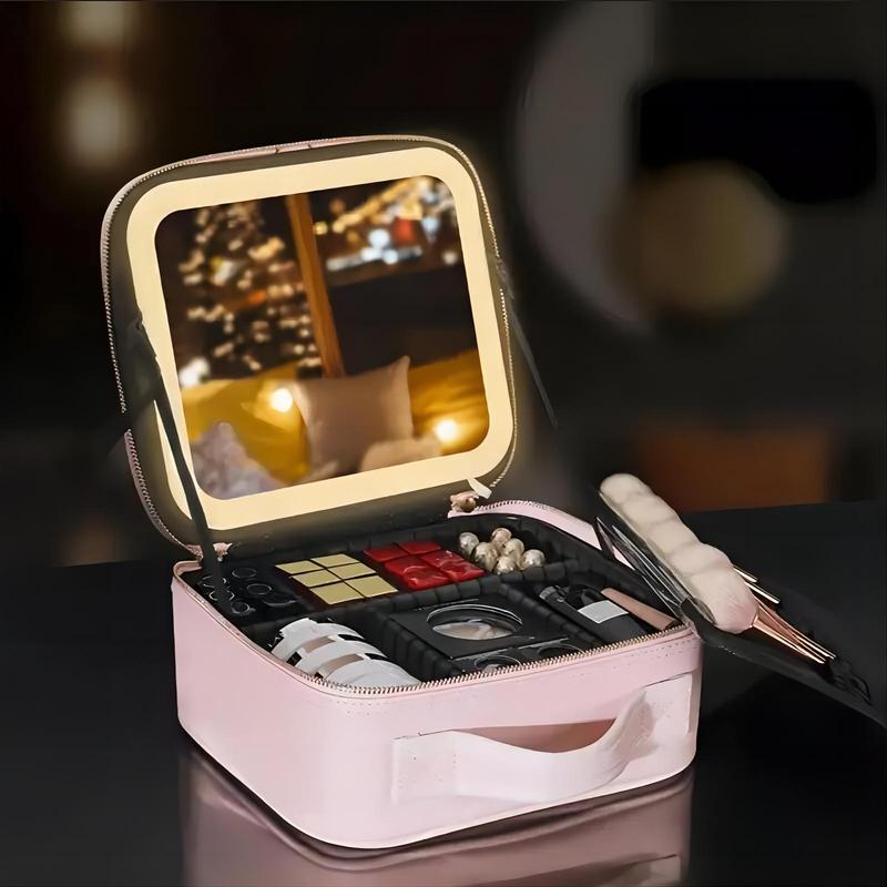 Summer Portable Makeup Bag with Full Screen Mirror, Large Capacity Cosmetic Storage Bag with Light, Professional Travel Makeup Organizer, Stocking Fillers Gift, Christmas Gift, Christmas