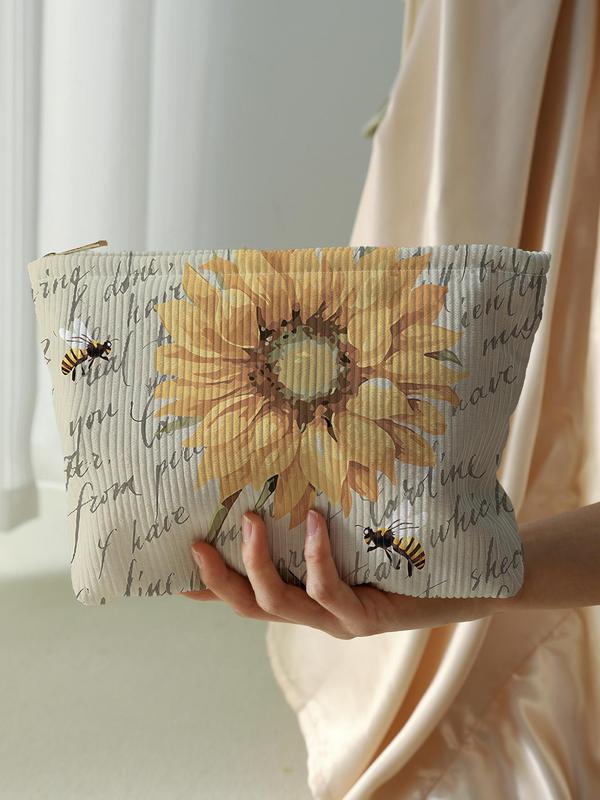 Sunflower & Bee Pattern Makeup Bag, Trendy Lightweight Multifunctional Cosmetic Storage Bag, Zipper Makeup Organizer Pouch for Travel & Daily Use