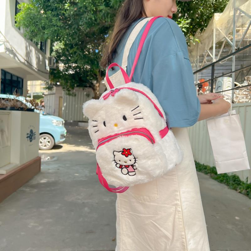 Mini Sanrio Character Plush Backpack - Fashion Backpacks with Soft Fuzzy Exterior, Hello Kitty, Kuromi, PomPomPurin Designs, Adorable Collectible Accessory for School, Travel, and Daily Use