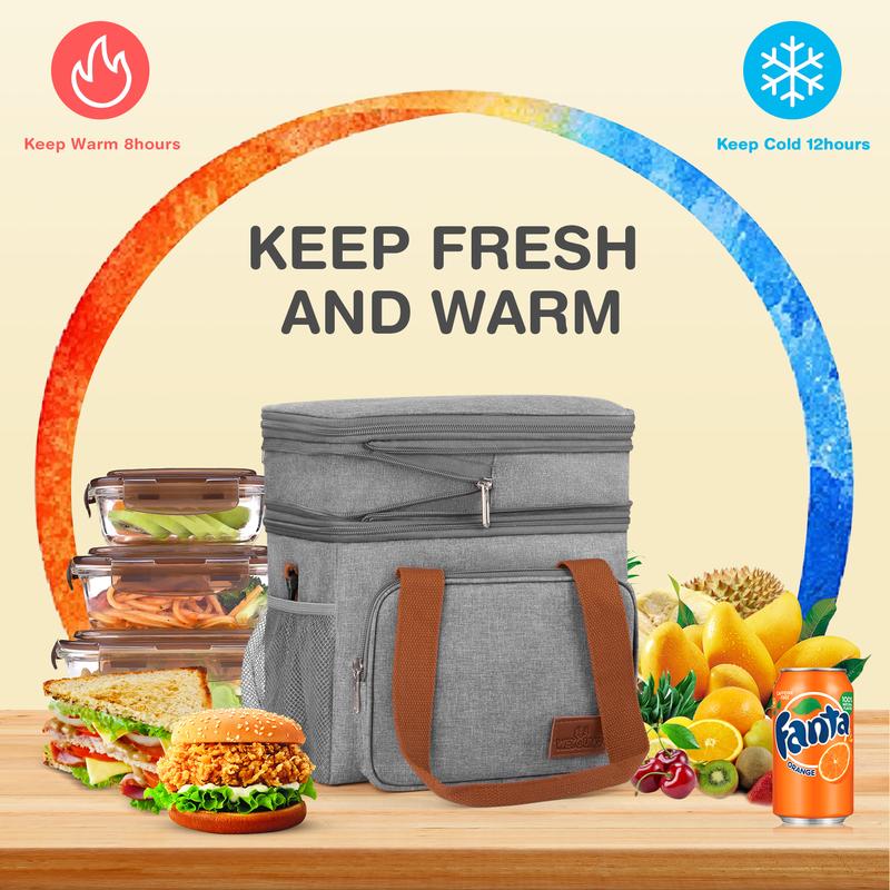 Insulated Lunch Bag, 17L Expandable Double Deck Lunch Tote Bag for Women Men, Leakproof Freezable Cooler Box W  Side Tissue Pocket&Adjustable Shoulder Strap, Suit for Work,School,Camping,Picnic(Gray)