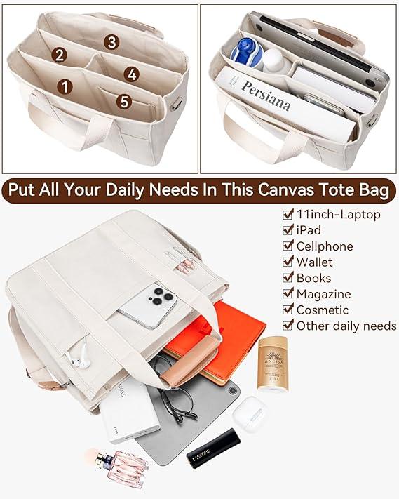 Canvas Tote Bag with Multi Pockets Crossbody Tote Bag for Women Trendy Shoulder Handbag Everything Tote Bag-Beige