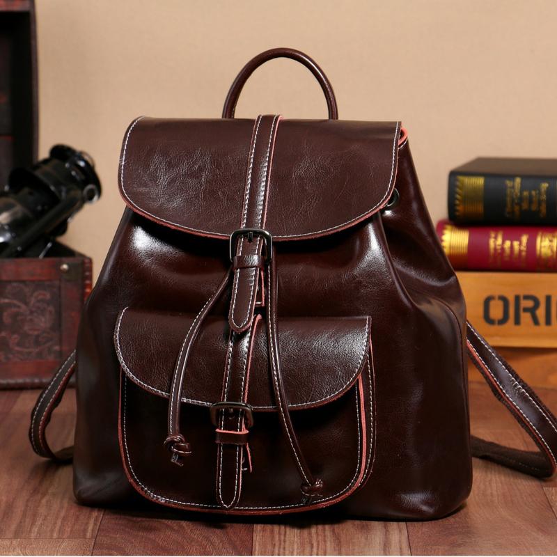 F11-[Genuine leather] New oil-waxed cowhide pocket backpack with drawstring flap and bucket multifunctional genuine leather backpack