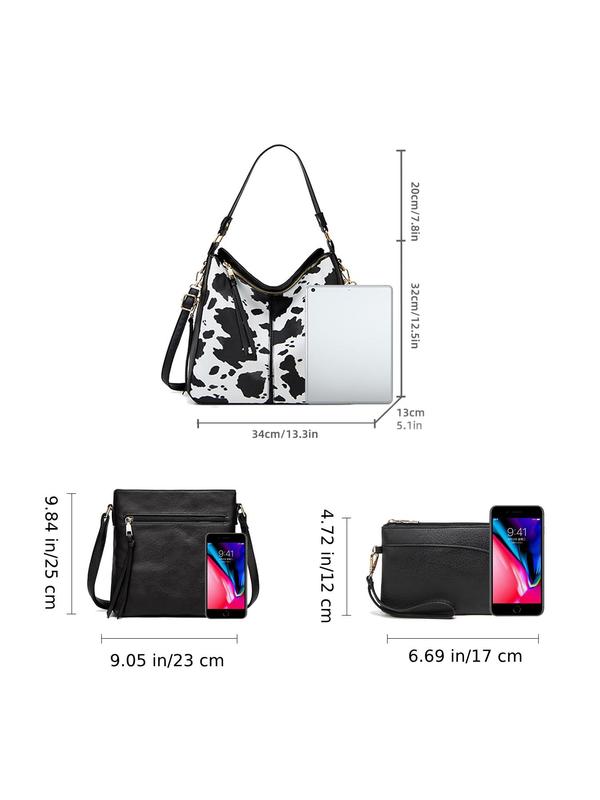 3pcs Random Pattern Large Capacity Tote Bag Set, Fashionable Pu Leather Shoulder Bag & Crossbody Bag & Wallet Set, Versatile Bag Set for Work & Daily Used