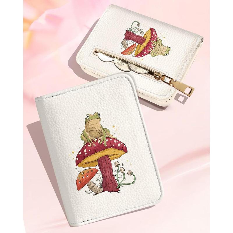 Credit Card Holder Wallet for Women - Cute Leather Ladies Teen Girls Female Cardholder Wallets Accordion Purse Small Medium Aesthetic Print Frog Mushroom  Modern Rfid Zipper Around 5-Frog Mushroom