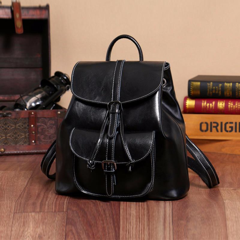 F11-[Genuine leather] New oil-waxed cowhide pocket backpack with drawstring flap and bucket multifunctional genuine leather backpack