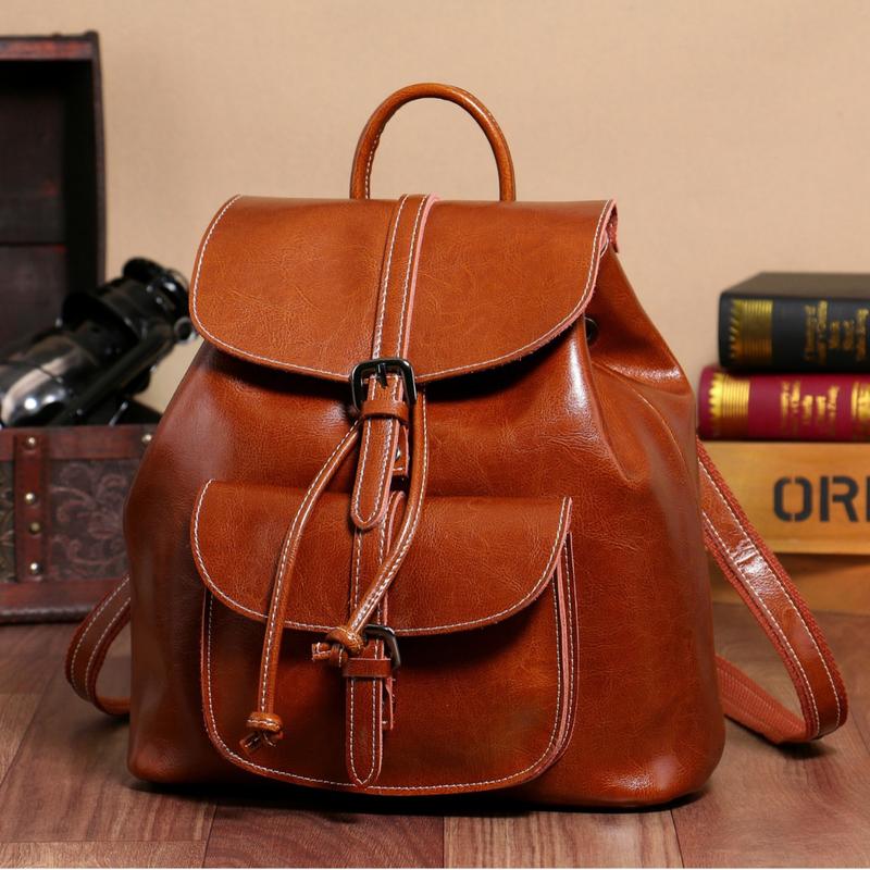 F11-[Genuine leather] New oil-waxed cowhide pocket backpack with drawstring flap and bucket multifunctional genuine leather backpack