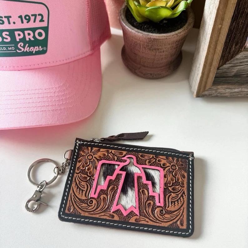 Longhorn Thunderbird Leather Cowhide keychain Wallet - credit cards money cash