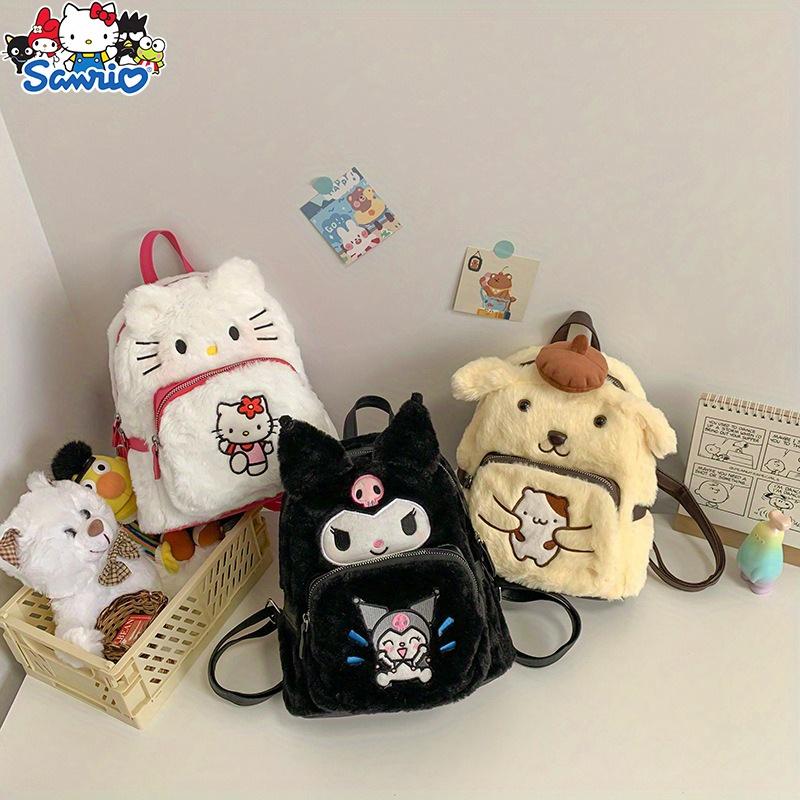 Mini Sanrio Character Plush Backpack - Fashion Backpacks with Soft Fuzzy Exterior, Hello Kitty, Kuromi, PomPomPurin Designs, Adorable Collectible Accessory for School, Travel, and Daily Use