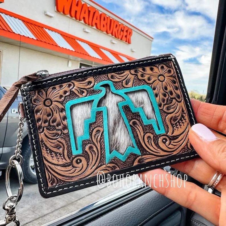 Longhorn Thunderbird Leather Cowhide keychain Wallet - credit cards money cash