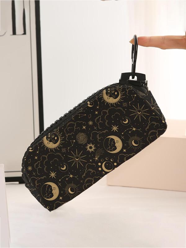 Star & Moon Pattern Makeup Bag, Large Zipper Pencil Bag, Durable Polyester Storage Bag, School Supplies and Stationery