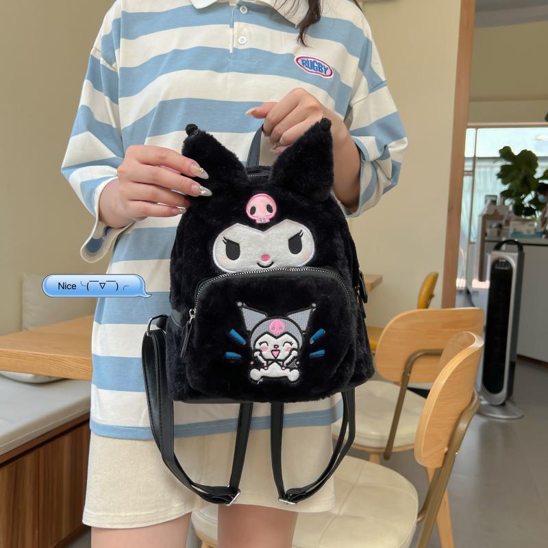 Mini Sanrio Character Plush Backpack - Fashion Backpacks with Soft Fuzzy Exterior, Hello Kitty, Kuromi, PomPomPurin Designs, Adorable Collectible Accessory for School, Travel, and Daily Use