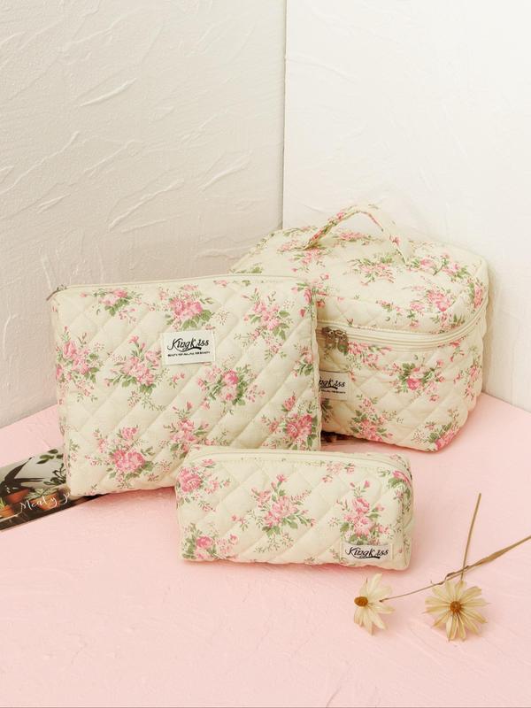 Floral Pattern Quilted Makeup Bag Set, Portable Cosmetic Storage Bag, Zipper Makeup Organizer Pouch, Versatile Storage Bag Gift for Skincare