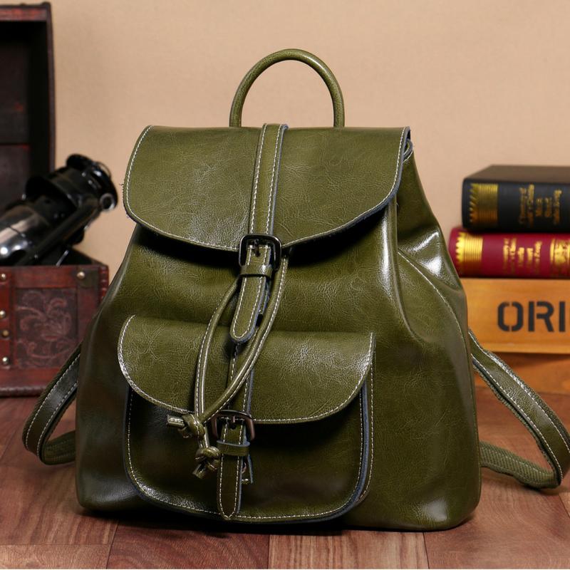 F11-[Genuine leather] New oil-waxed cowhide pocket backpack with drawstring flap and bucket multifunctional genuine leather backpack