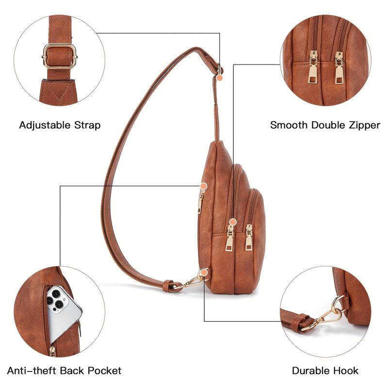 Retro Multi Zipper Sling Bag, Crossbody Vegan Leather Fanny Pack, Chest Bag For Women With Adjustable Strap