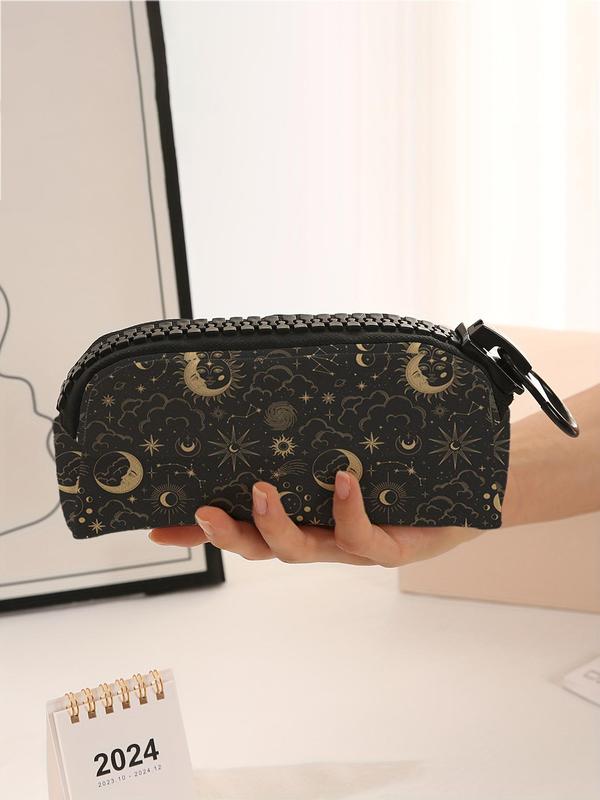 Star & Moon Pattern Makeup Bag, Large Zipper Pencil Bag, Durable Polyester Storage Bag, School Supplies and Stationery