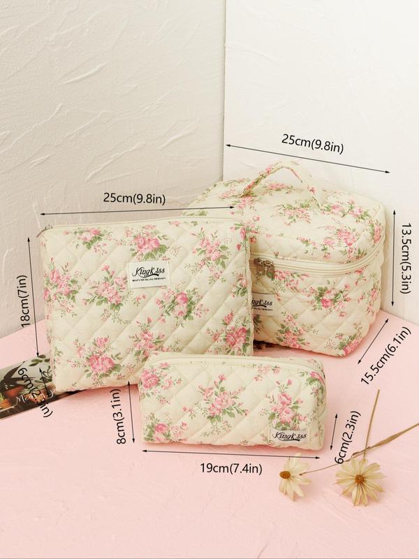 Floral Pattern Quilted Makeup Bag Set, Portable Cosmetic Storage Bag, Zipper Makeup Organizer Pouch, Versatile Storage Bag Gift for Skincare