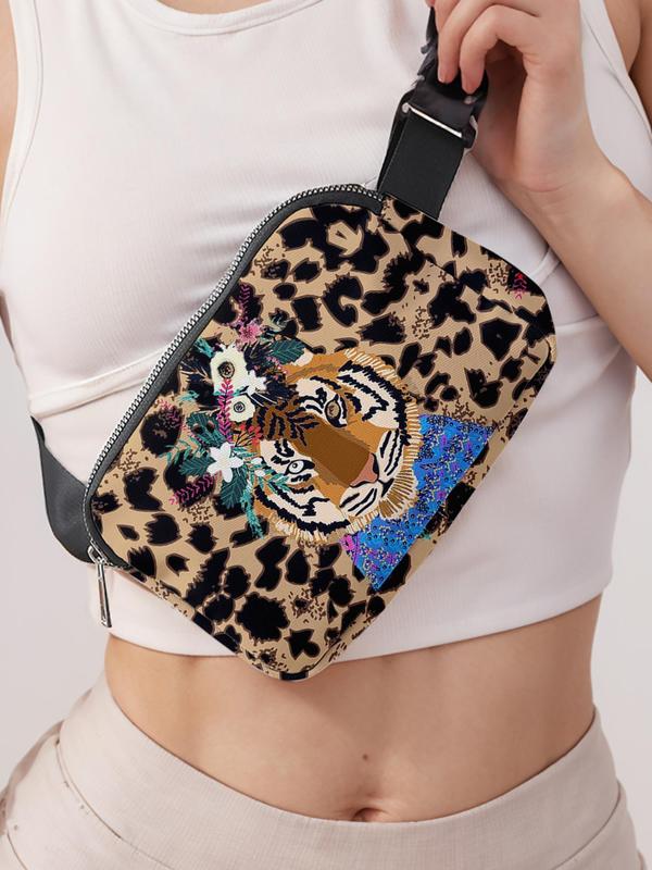 Women's Fashion Leopard & Floral & Tiger Pattern Fanny Pack, Casual Versatile Zipper Chest Bag for Daily Used, Trendy All-match Sling Bag