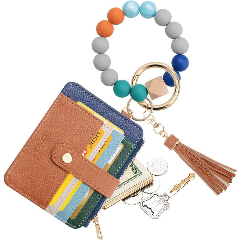 Wristlet Bracelet Keychain Credit Card Holder Purse,RFID Blocking Zip Wallet,Silicone Bead Tassel Key Ring for Women