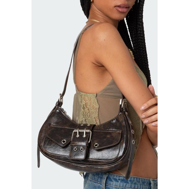 Washed Faux Leather Buckle Bag