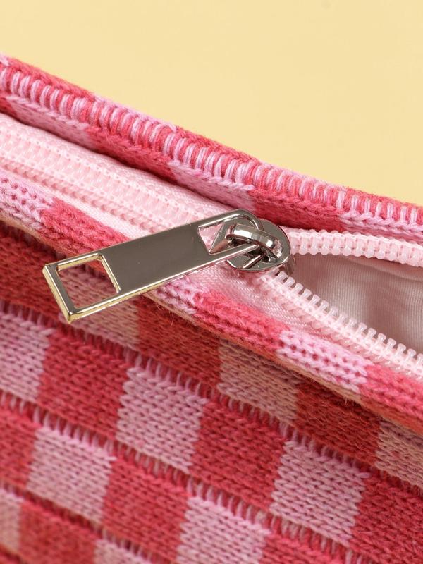 Color Block Checked Pattern Makeup Bag, Large Capacity Pencil Bag, Knitting Storage Bag, Casual Travel Bag