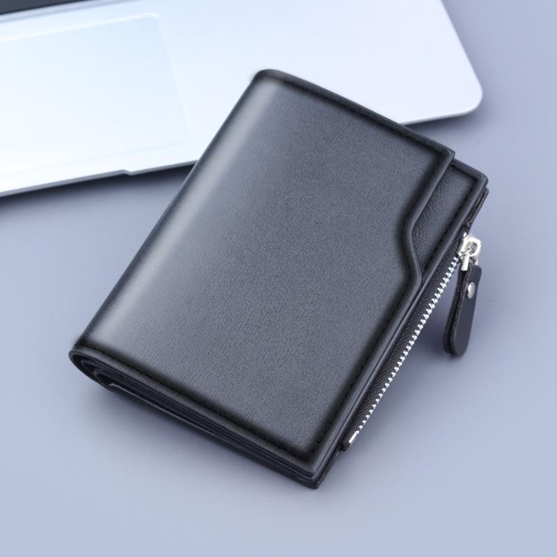 Men's Wallet PU Leather Clutch Bag Solid Color Card Holder Short Wallets Zipper Large Capacity Vintage Male Purses