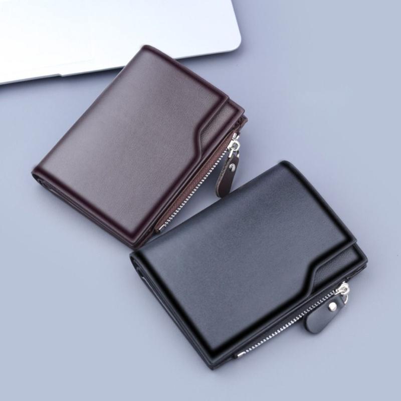 Men's Wallet PU Leather Clutch Bag Solid Color Card Holder Short Wallets Zipper Large Capacity Vintage Male Purses