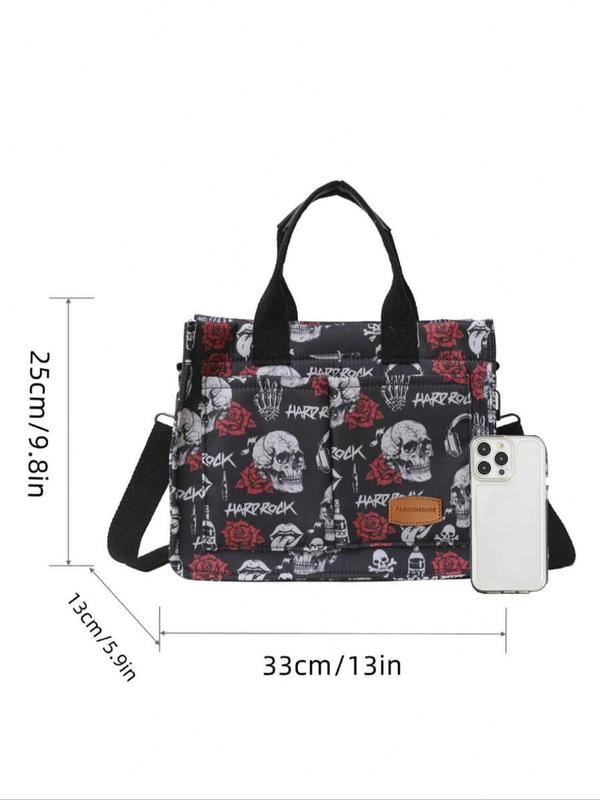 Fashion Skull & Rose Pattern Patched Design Tote Bag, 2024 New Style Casual Multi-pocket Alphabet Pattern Handbag, Tote Bag for Daily Travel Work Commute