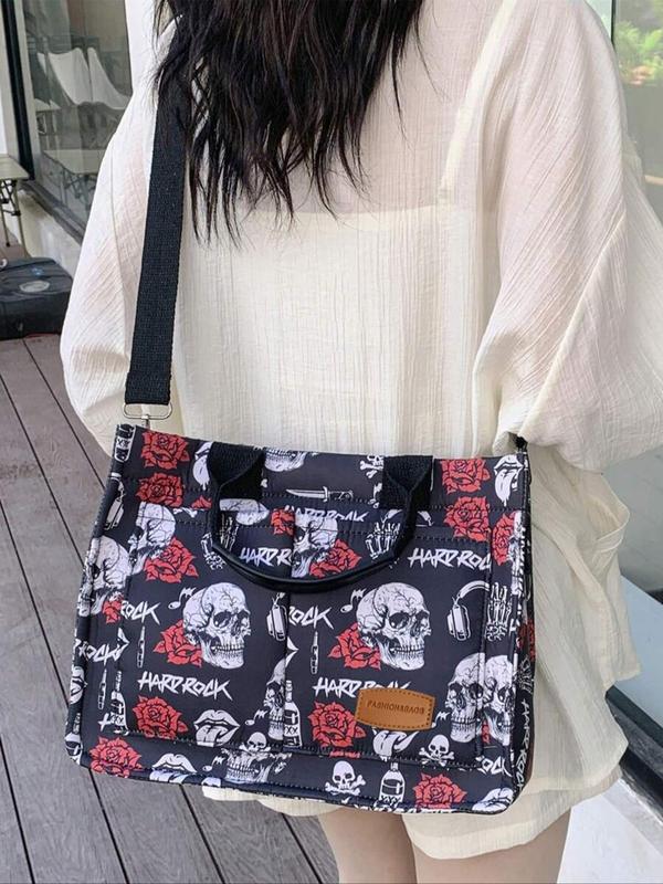 Fashion Skull & Rose Pattern Patched Design Tote Bag, 2024 New Style Casual Multi-pocket Alphabet Pattern Handbag, Tote Bag for Daily Travel Work Commute