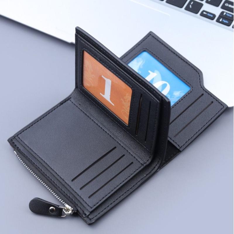 Men's Wallet PU Leather Clutch Bag Solid Color Card Holder Short Wallets Zipper Large Capacity Vintage Male Purses