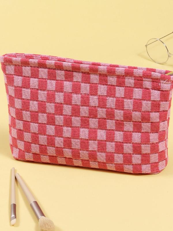 Color Block Checked Pattern Makeup Bag, Large Capacity Pencil Bag, Knitting Storage Bag, Casual Travel Bag