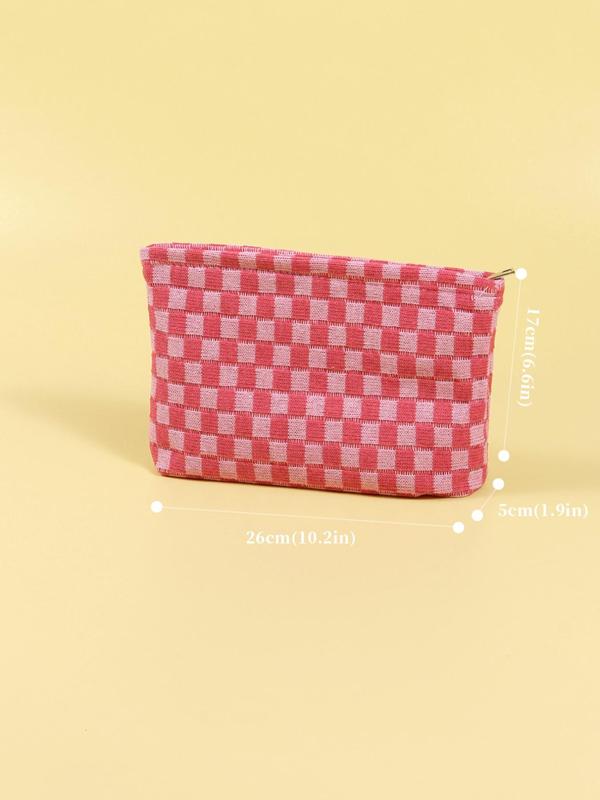 Color Block Checked Pattern Makeup Bag, Large Capacity Pencil Bag, Knitting Storage Bag, Casual Travel Bag