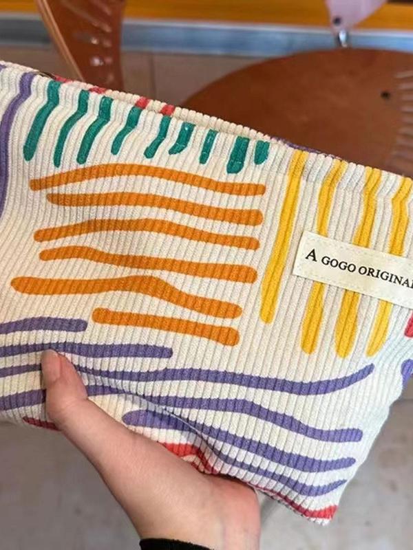 Colorful Striped Pattern Patched Design Toiletry Bag, Large Capacity  Corduroy Makeup Bag, Portable Cosmetic Storage Bag, Zipper Makeup Organizer Pouch for Travel