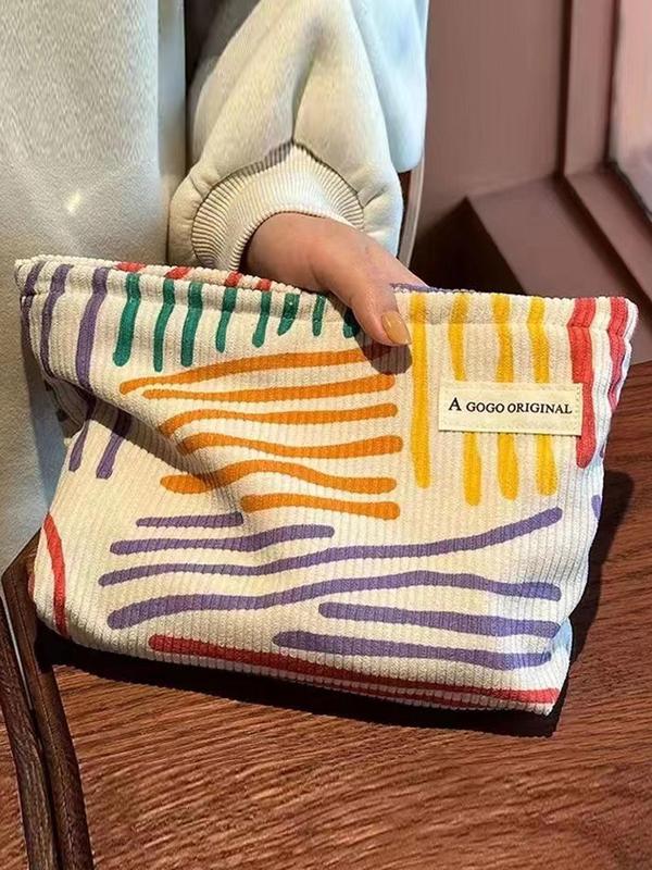 Colorful Striped Pattern Patched Design Toiletry Bag, Large Capacity  Corduroy Makeup Bag, Portable Cosmetic Storage Bag, Zipper Makeup Organizer Pouch for Travel