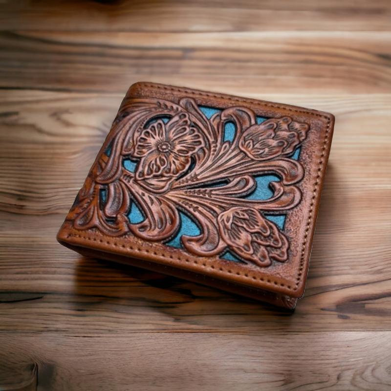 Mens Western Wallet Floral Cutout Layered Leather Brown Teal Soft Leather Checkbook Style Cowboy Hand Crafted High End Mens Wallets Leather Bull Rider Rodeo Gifts