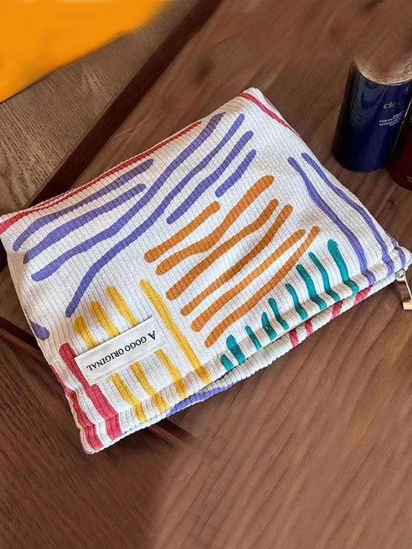 Colorful Striped Pattern Patched Design Toiletry Bag, Large Capacity  Corduroy Makeup Bag, Portable Cosmetic Storage Bag, Zipper Makeup Organizer Pouch for Travel