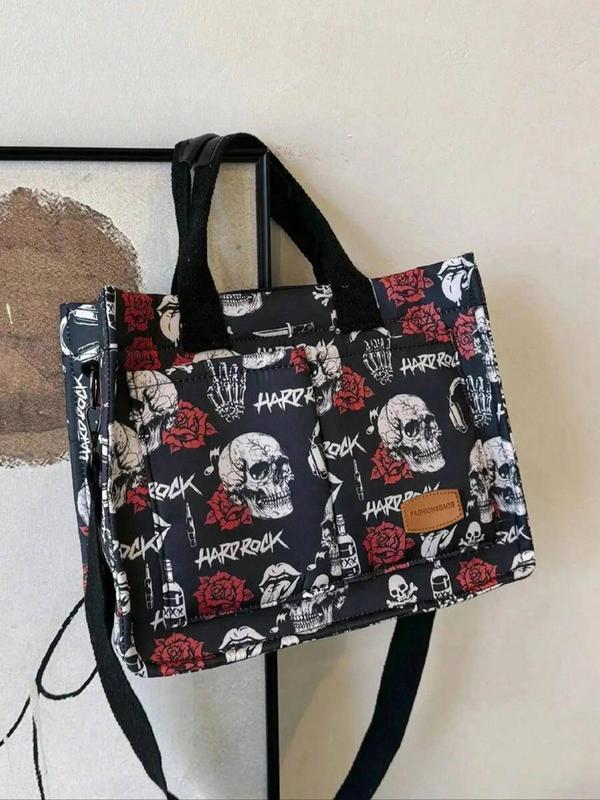 Fashion Skull & Rose Pattern Patched Design Tote Bag, 2024 New Style Casual Multi-pocket Alphabet Pattern Handbag, Tote Bag for Daily Travel Work Commute