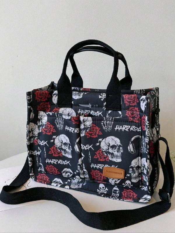 Fashion Skull & Rose Pattern Patched Design Tote Bag, 2024 New Style Casual Multi-pocket Alphabet Pattern Handbag, Tote Bag for Daily Travel Work Commute