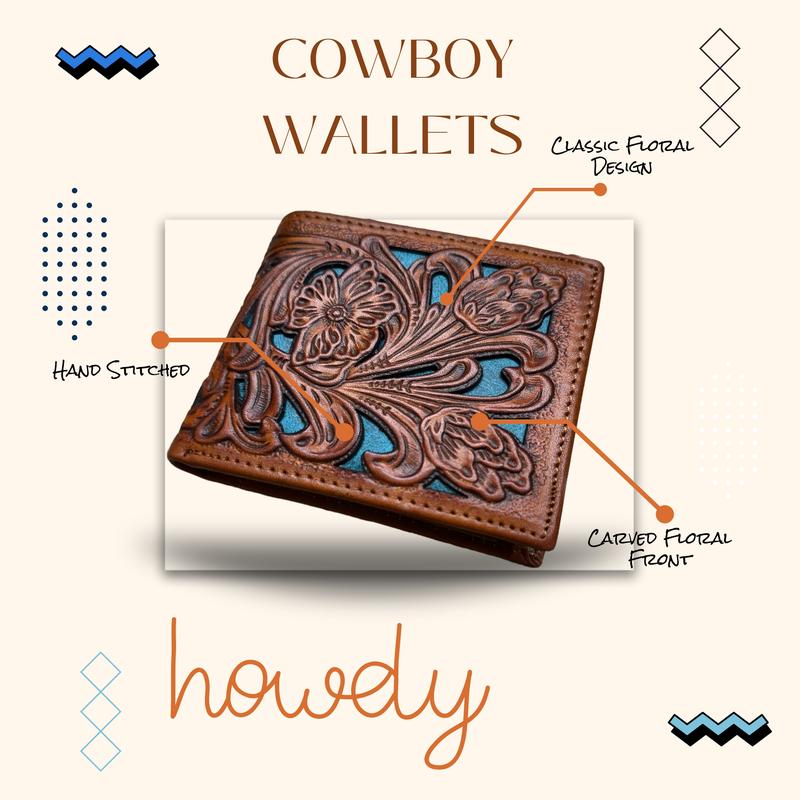 Mens Western Wallet Floral Cutout Layered Leather Brown Teal Soft Leather Checkbook Style Cowboy Hand Crafted High End Mens Wallets Leather Bull Rider Rodeo Gifts