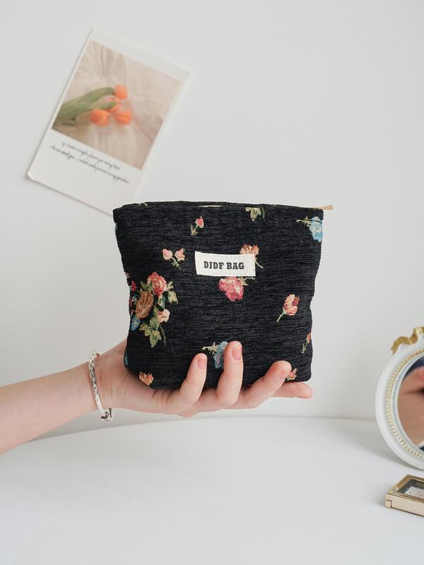 Floral Embroidered Makeup Bag, Portable Cosmetic Storage Bag, Zipper Makeup Organizer Pouch, Versatile Storage Bag for Travel, Office, Home