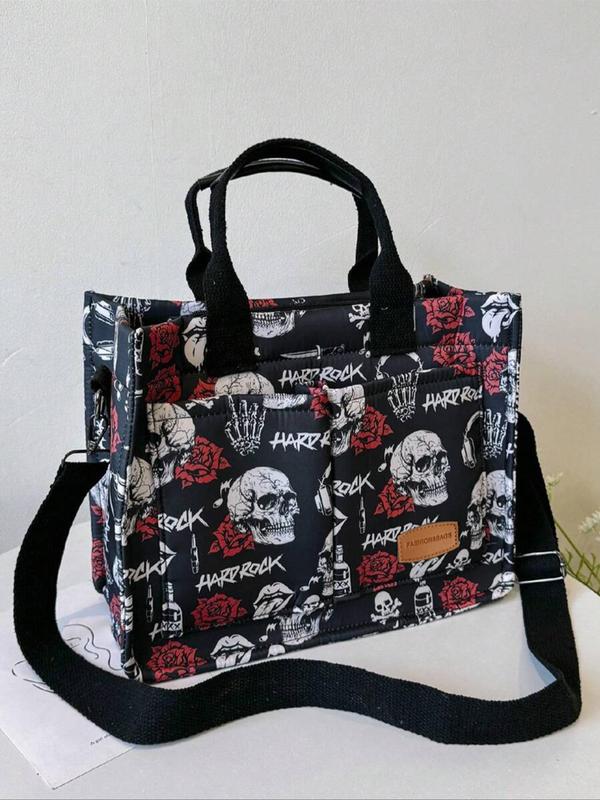 Fashion Skull & Rose Pattern Patched Design Tote Bag, 2024 New Style Casual Multi-pocket Alphabet Pattern Handbag, Tote Bag for Daily Travel Work Commute