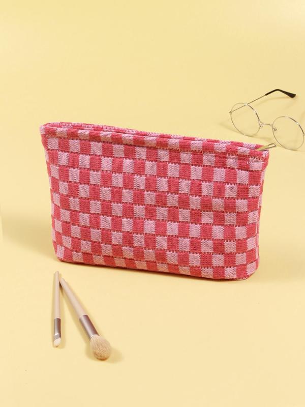 Color Block Checked Pattern Makeup Bag, Large Capacity Pencil Bag, Knitting Storage Bag, Casual Travel Bag