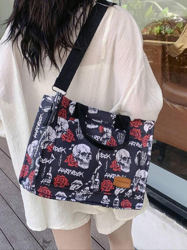 Fashion Skull & Rose Pattern Patched Design Tote Bag, 2024 New Style Casual Multi-pocket Alphabet Pattern Handbag, Tote Bag for Daily Travel Work Commute