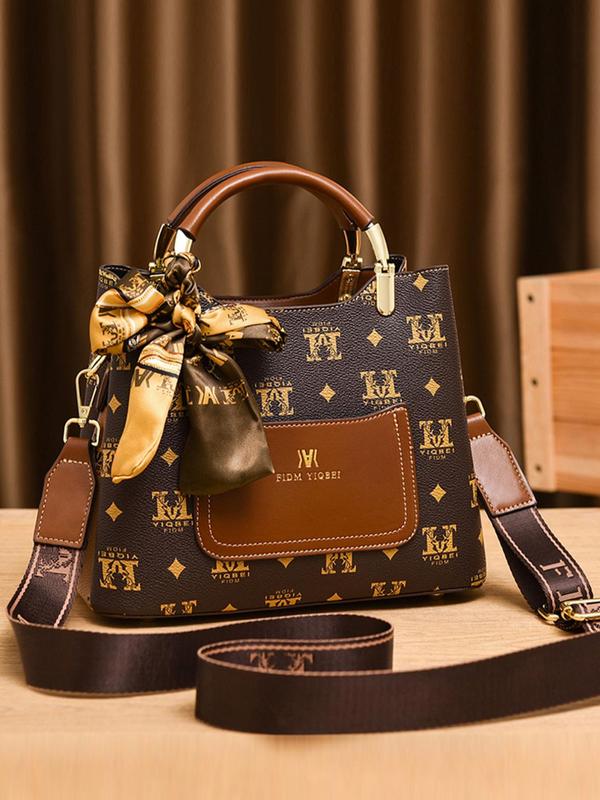 Summer New Trendy Vintage Presbyopia Geometric Pattern Bag Handbag for Women, 2024 Bowknot Satin Scarf Decorated Pu Leather Pocket Designer Crossbody Beach Bag Fall, Luxury Designer bag