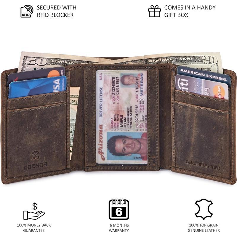 Wallet for Men Trifold Real Leather RFID Blocking Case with ID Window in Gift Box