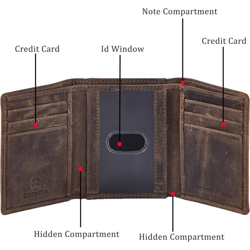 Wallet for Men Trifold Real Leather RFID Blocking Case with ID Window in Gift Box