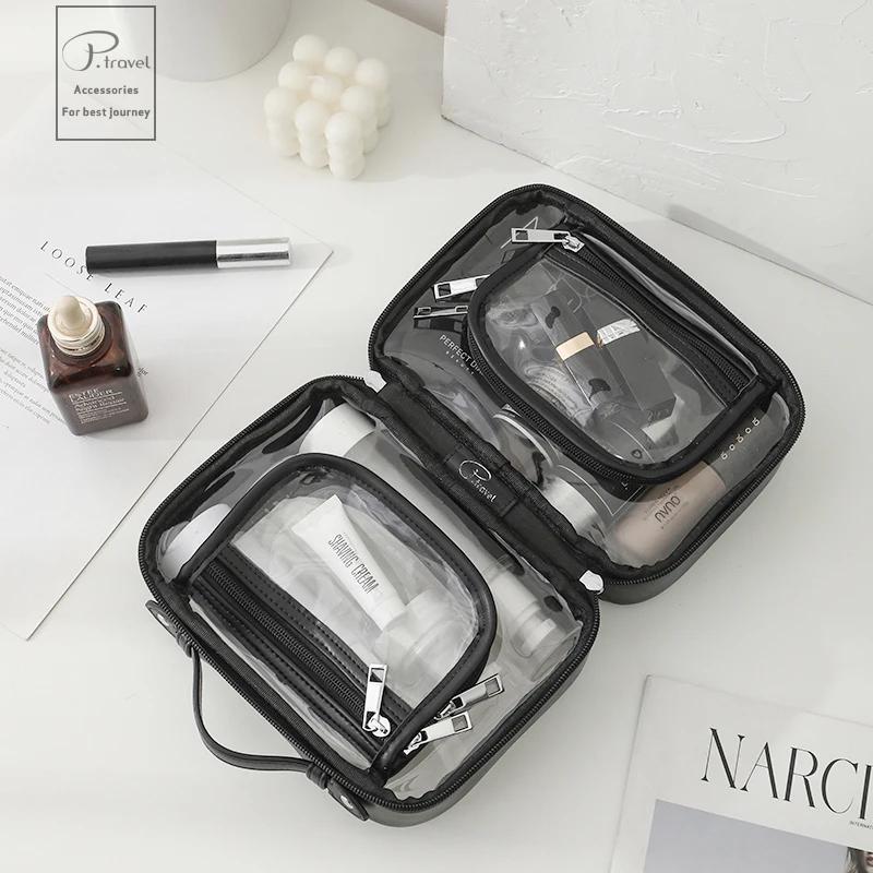 Women Travel PU Cosmetic Storage Bag Travel Organizer Makeup Bag Waterproof Transparent Washbag Large Capacity Toiletry Cases