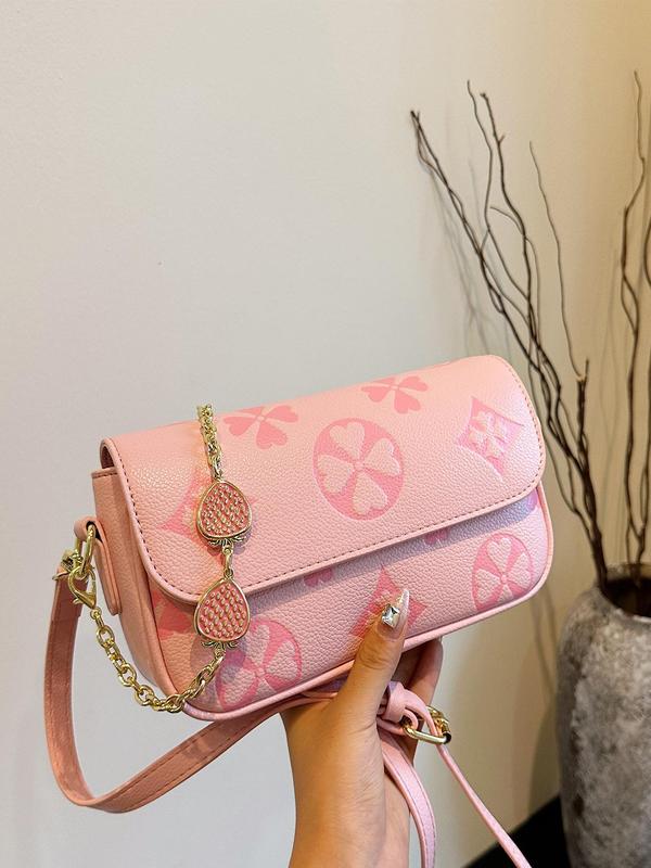 Women's Elegant Floral Pattern Shoulder Bag, Fashionable Pu Leather Strawberry Decor Chain Strap Crossbody Bag for Daily Used, Casual Trendy Versatile Daily Commuting Bag