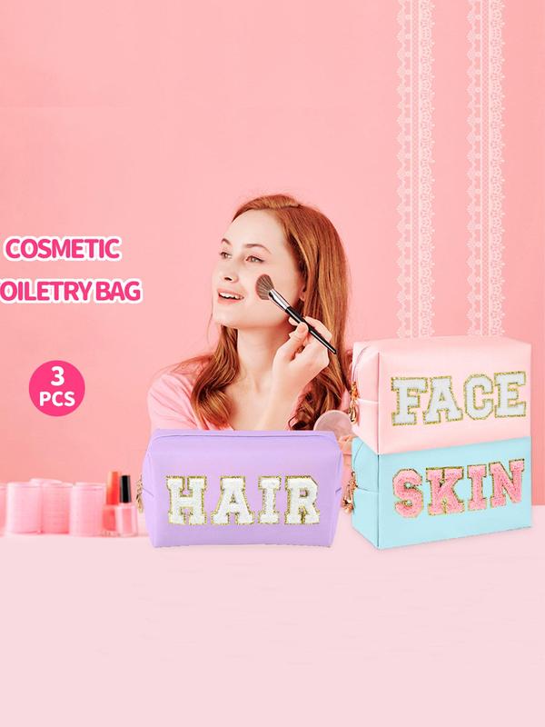 Letter Pattern Solid Color Zipper Makeup Bag, Portable Zipper Makeup Storage Bag, Waterproof Travel Cosmetic Storage Bag for Women & Girls