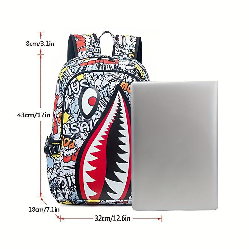 Cartoon Shark Pattern Backpack, Large Capacity Backpack, Lightweight Outdoor Sports Backpack, School Bag for Students, Office Stationery